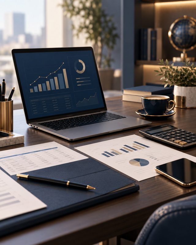 Escritorio ejecutivo con reportes y gráficos financieros